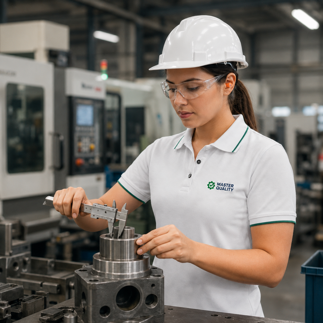 Profissional de qualidade inspecionando peça com paquímetro em ambiente industrial